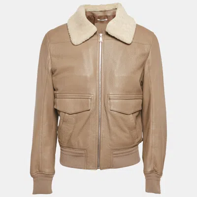 Pre-owned Saint Laurent Tan Leather Shearling Bomber Jacket Xl In Beige