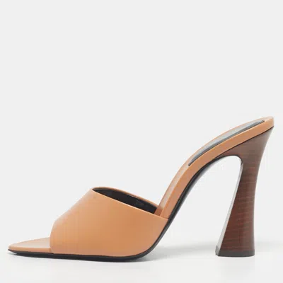 Pre-owned Saint Laurent Tan Leather Suite Mules Size 37 In Brown