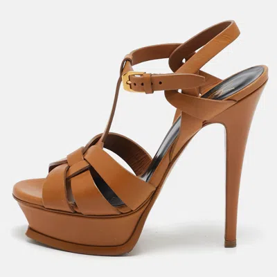 Pre-owned Saint Laurent Tan Leather Tribute Ankle Strap Sandals Size 35