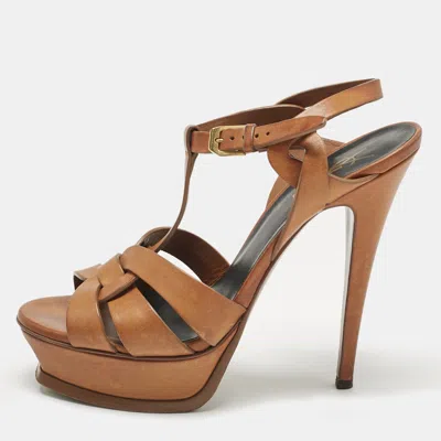 Pre-owned Saint Laurent Tan Leather Tribute Platform Sandals Size 38 In Brown
