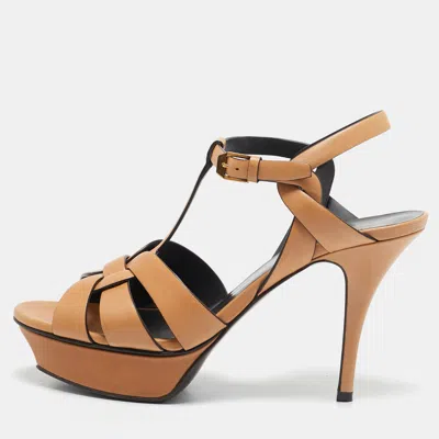 Pre-owned Saint Laurent Tan Leather Tribute Sandals Size 39.5
