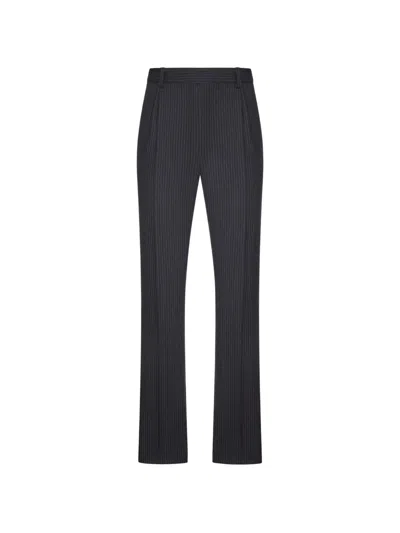 Saint Laurent Tapered Wool Trousers In A Herringbone Striped Pattern In Gray