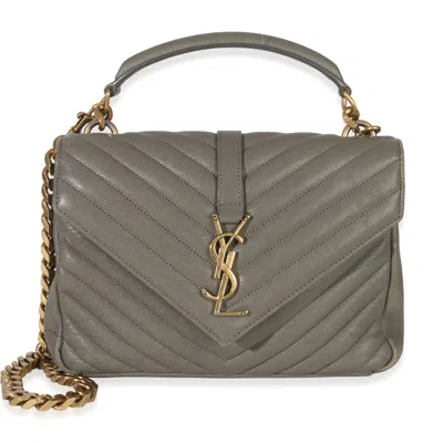 Pre-owned Saint Laurent Taupe Sheepskin Matelasse Chevron Monogram Medium College Bag