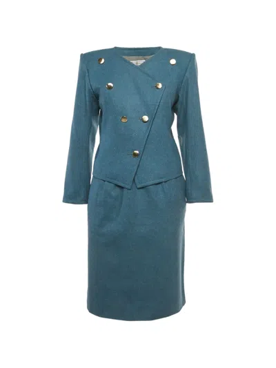 Pre-owned Saint Laurent Teal Button Wool Skirt Suit In Blue