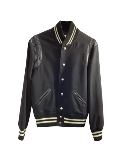 Pre-owned Saint Laurent Teddy Leather-sleeve Varsity Jacket In Black