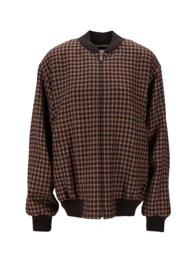 Saint Laurent Checked Pattern Loose Zip Jacket In Brown