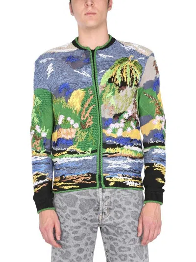 Saint Laurent Teddy Embroidered Tropical Jacquard Sweater Jacket In Multicolour