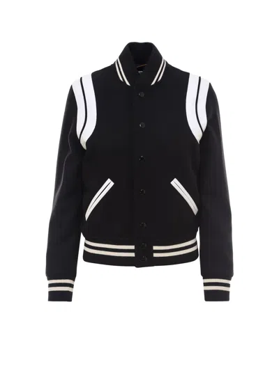 Saint Laurent Teddy Wool Jacket With Leather Profiles In Black