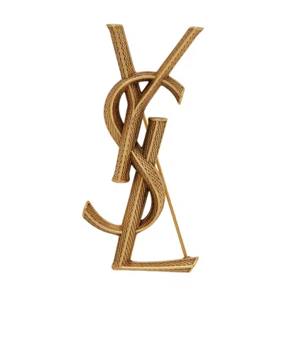 Saint Laurent Textured Logo Letter Brooch In Yellow