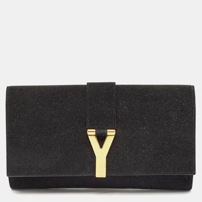 Pre-owned Saint Laurent Textured Suede Y Line Clutch In Black