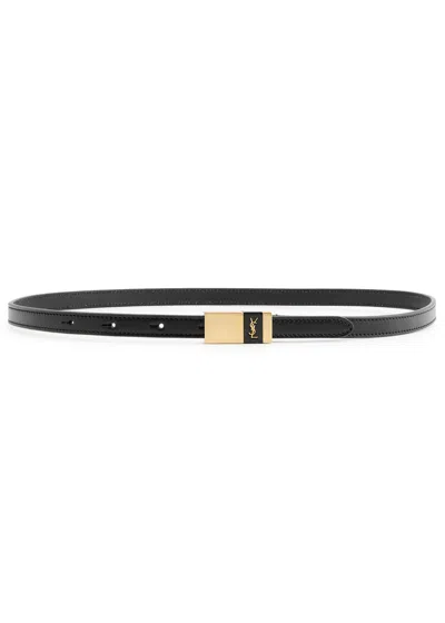 Saint Laurent Thin Anchor Logo Leather Belt In Black
