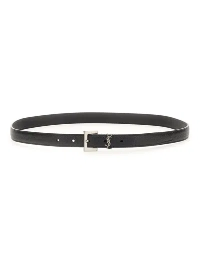 Saint Laurent Leather Belt With Metal Monogram In Black