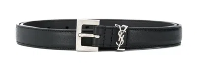 Saint Laurent Thin Belt With Square Buckle Made With Metal-free Tanned Leather, Featuring A Cassandr In Black