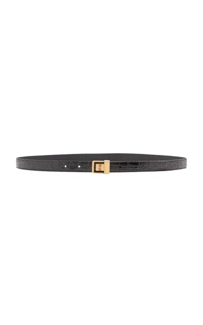 Saint Laurent Thin Buckle Embossed Leather Belt In Black