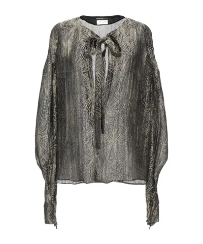 Saint Laurent Tie Front Blouse In Gray