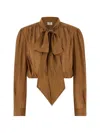 Saint Laurent Pleated Long Sleeve Cropped Top Bow Detail In Brown