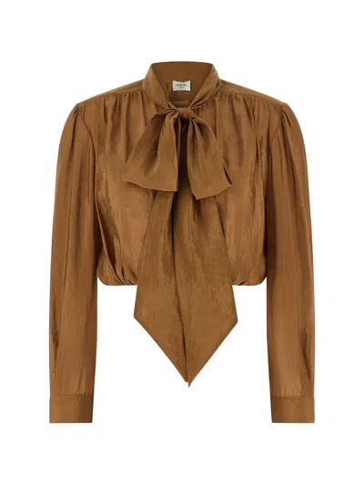 Saint Laurent Pleated Long Sleeve Cropped Top Bow Detail In Brown