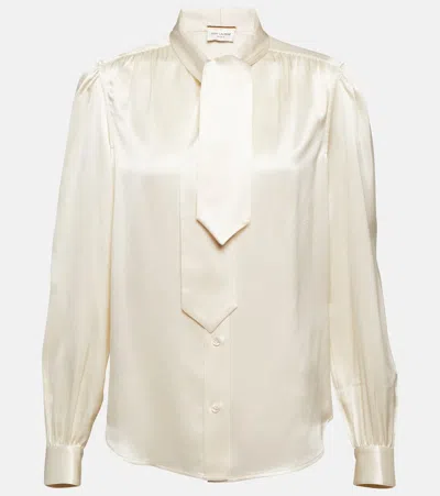 Saint Laurent Lavallière-neck Blouse In Silk Satin In White