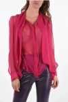 Saint Laurent Tie Neck Silk Shirt With Hidden Buttoning In Red