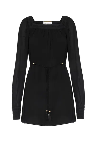 Saint Laurent Tie-waist Mini Dress In Black