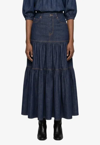 Saint Laurent Tiered Denim Maxi Country Skirt In Indigo