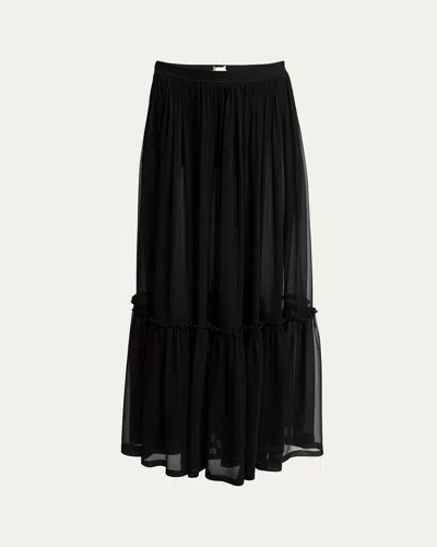 Saint Laurent Flounced Skirt In Silk Crepe Muslin Clothing In Black
