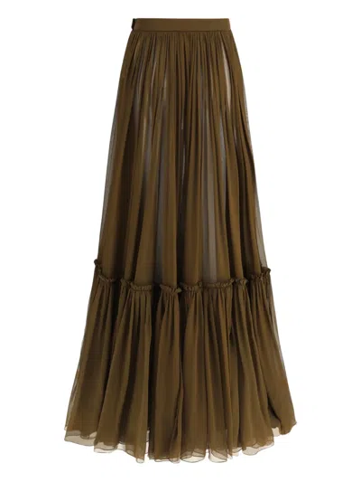 Saint Laurent Flounced Long Skirt In Brown