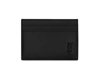 Pre-owned Saint Laurent Tiny Cassandre (5 Card Slot) Card Case Black Logo In Matte Black