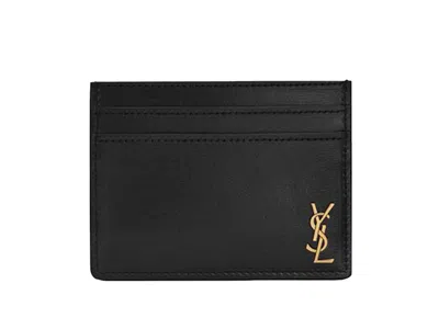 Pre-owned Saint Laurent Tiny Cassandre (5 Card Slot) Card Case Gold Logo In Black