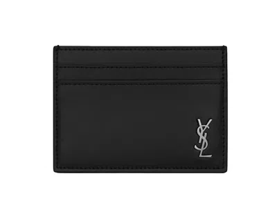 Pre-owned Saint Laurent Tiny Cassandre (5 Card Slot) Card Case Silver Logo In Matte Black