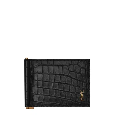 Saint Laurent Tiny Cassandre Bill Clip Wallet In Crocodile-embossed Matte Leather In Black