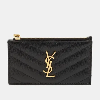 Pre-owned Saint Laurent Tiny Cassandre Black Matelassé Leather Zipped Card Holder