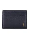 Saint Laurent Tiny Cassandre Card Case In Grained Leather In Blue