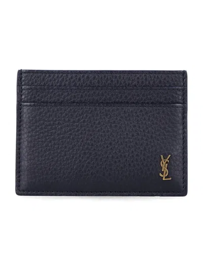 Saint Laurent Tiny Cassandre Card Case In Grained Leather In Black