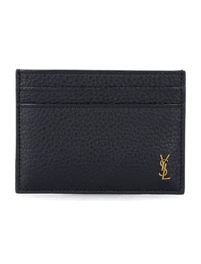 Saint Laurent Tiny Cassandre Card Case In Grained Leather  In Blue