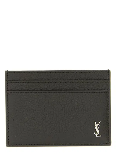 Saint Laurent Tiny Cassandre Flat Calfskin Card Holder With Ysl Logo In Black