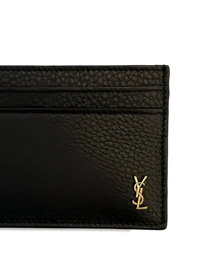 Saint Laurent Tiny Cassandre Card Holder In Hammered Leather In Black