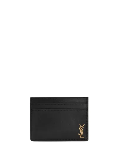 Saint Laurent Tiny Cassandre Credit Card Case In Shiny Leather In Black