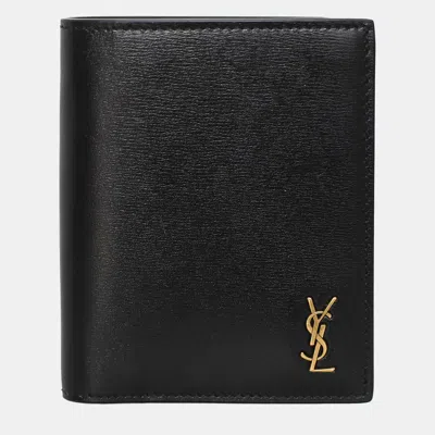 Pre-owned Saint Laurent Tiny Cassandre Credit Card Wallet Black Leather Ghw