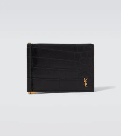 Saint Laurent Tiny Cassandre Croc-effect Leather Wallet In Brown