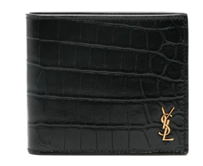 Saint Laurent Tiny Cassandre East/west Bi-fold Wallet In Crocodile-embossed Matte Leather In Black