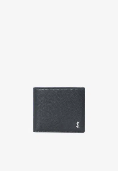 Saint Laurent Tiny Cassandre East-west Bi-fold Wallet In Blue
