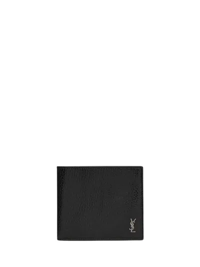 Saint Laurent Tiny Cassandre East/west Wallet In Grained Leather In Black
