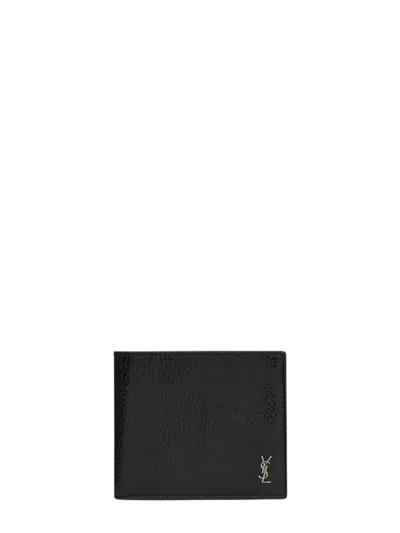 Saint Laurent Tiny Cassandre East/west Wallet In Grained Leather In Black