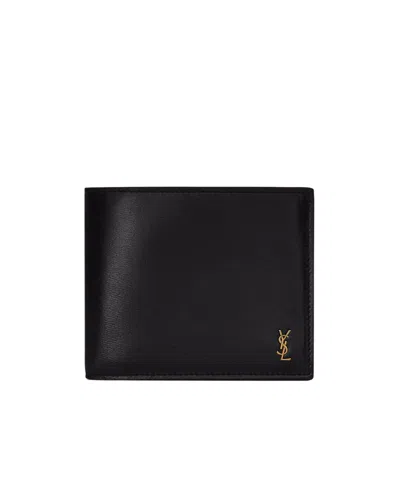 Saint Laurent Men's Tiny Cassandre East West Wallet In Shiny Leather In Black