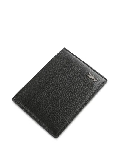 Saint Laurent Tiny Cassandre Grained Leather Cardholder In Black
