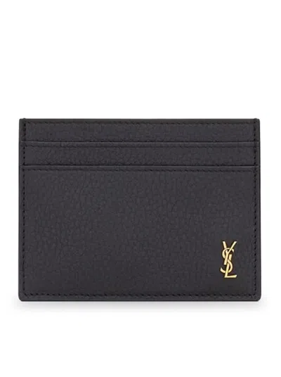 Saint Laurent Tiny Cassandre Hammered Leather Card Holder In Black