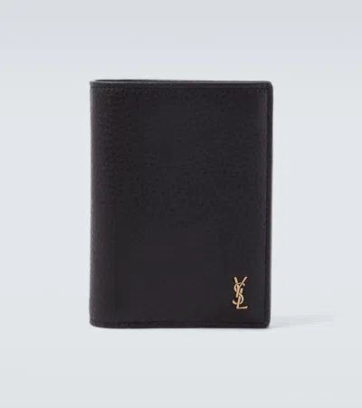 Saint Laurent Tiny Cassandre Credit Card Wallet In Grained Leather In Black