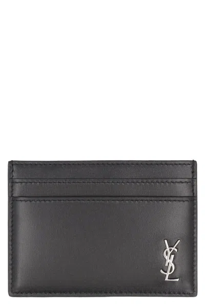 Saint Laurent Tiny Cassandre Leather Card Holder In Black