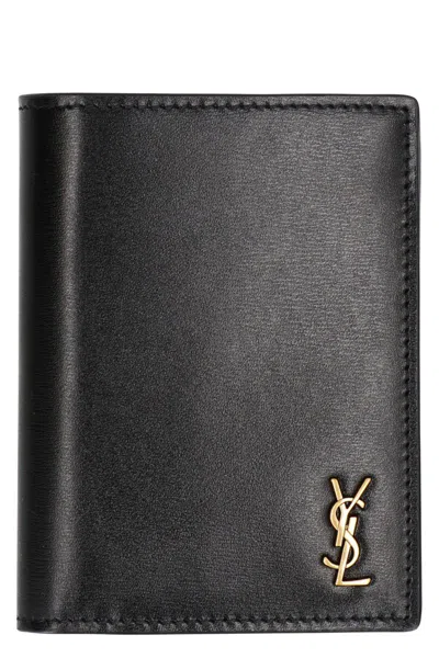 Saint Laurent Tiny Cassandre Leather Card Holder In Black